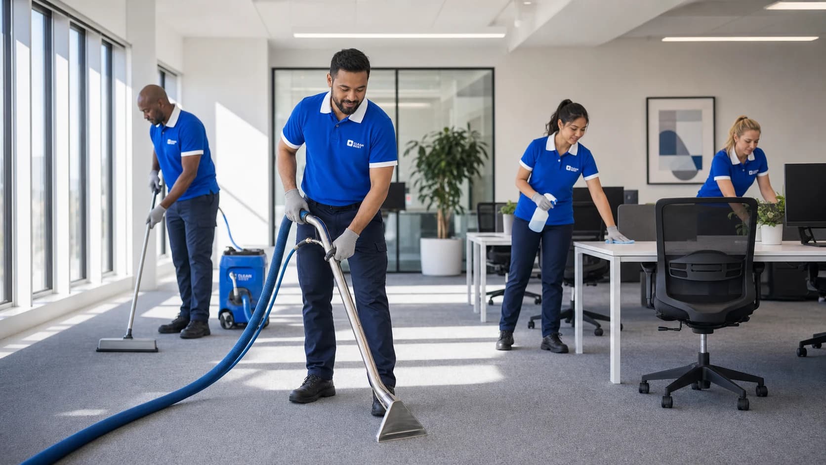 Clean Best technician extracting a carpet traffic lane in a Smithfield site office NSW