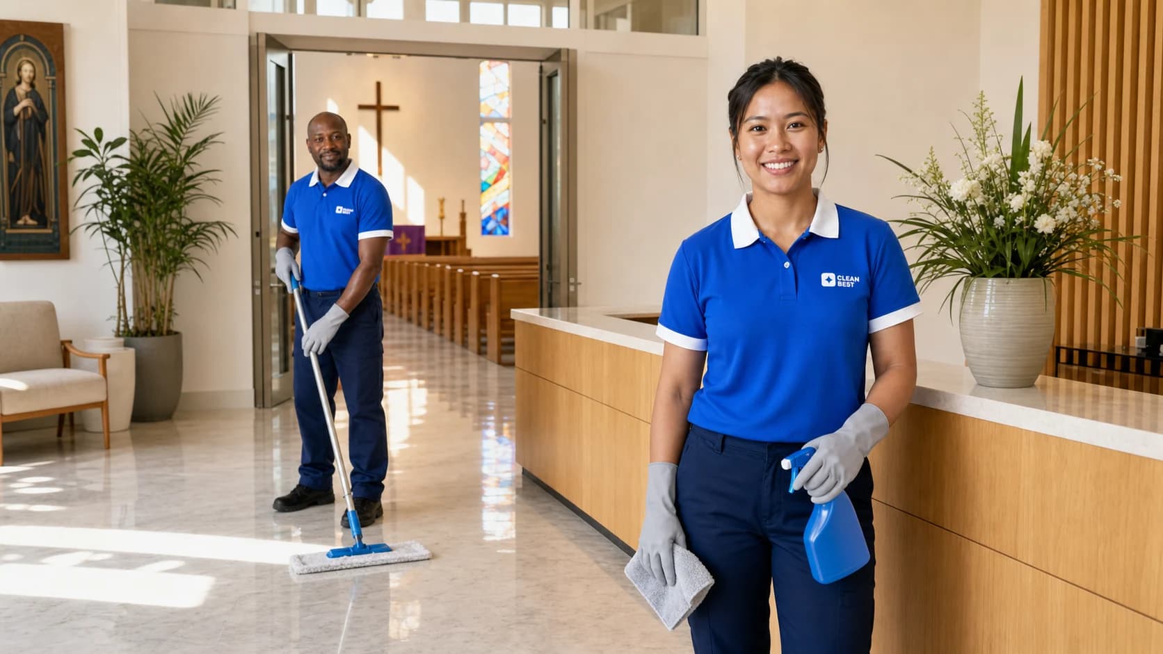 Clean Best cleaner hand-polishing timber pews in a Smithfield NSW place of worship