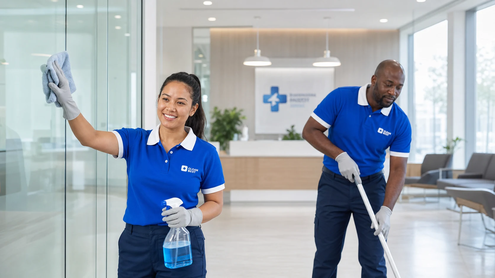 Clean Best cleaner disinfecting a consult room bench in a Smithfield medical centre NSW