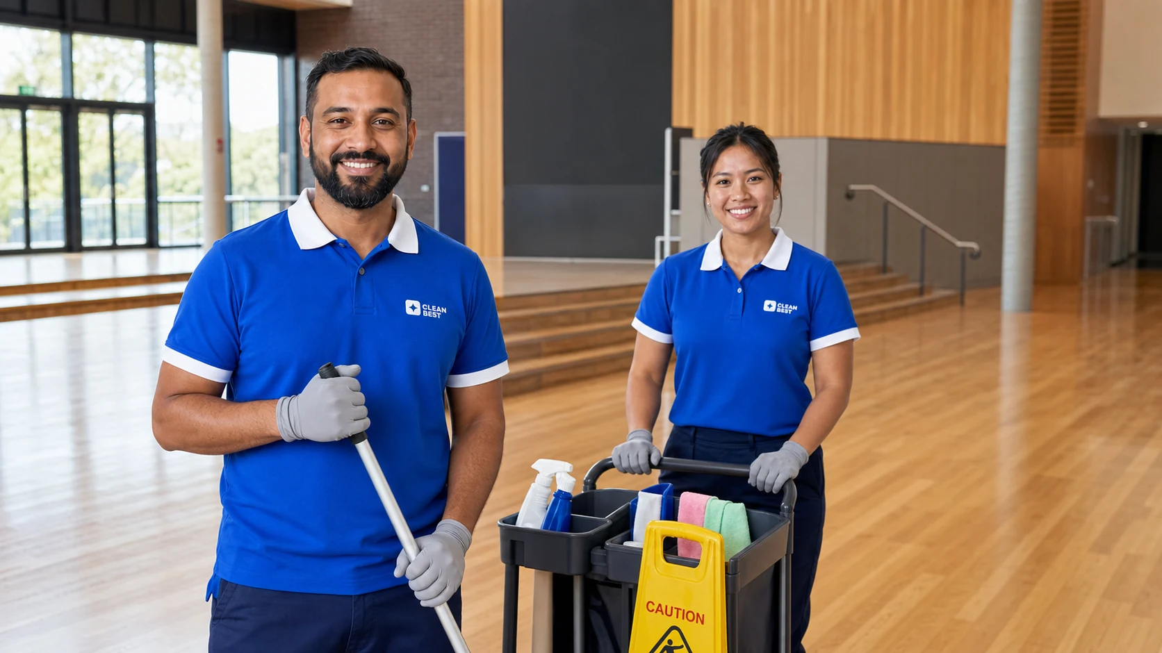 Clean Best cleaner mopping a classroom floor at a school in Smithfield NSW